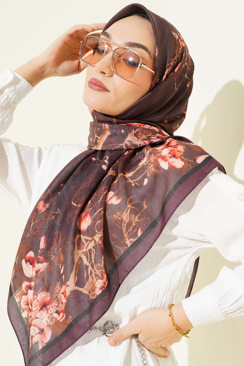 Floral Soft Scarf, 120 cm - Plum