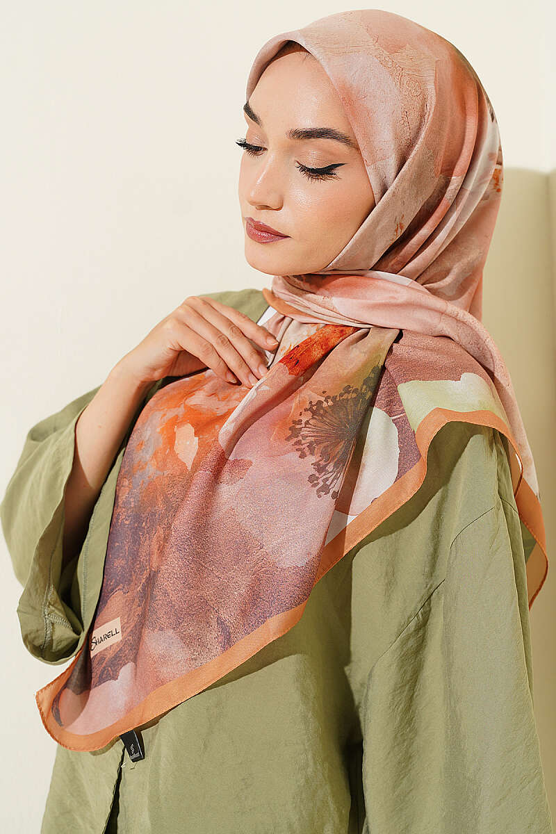 Flower Print Scarf, 120 cm - Camel