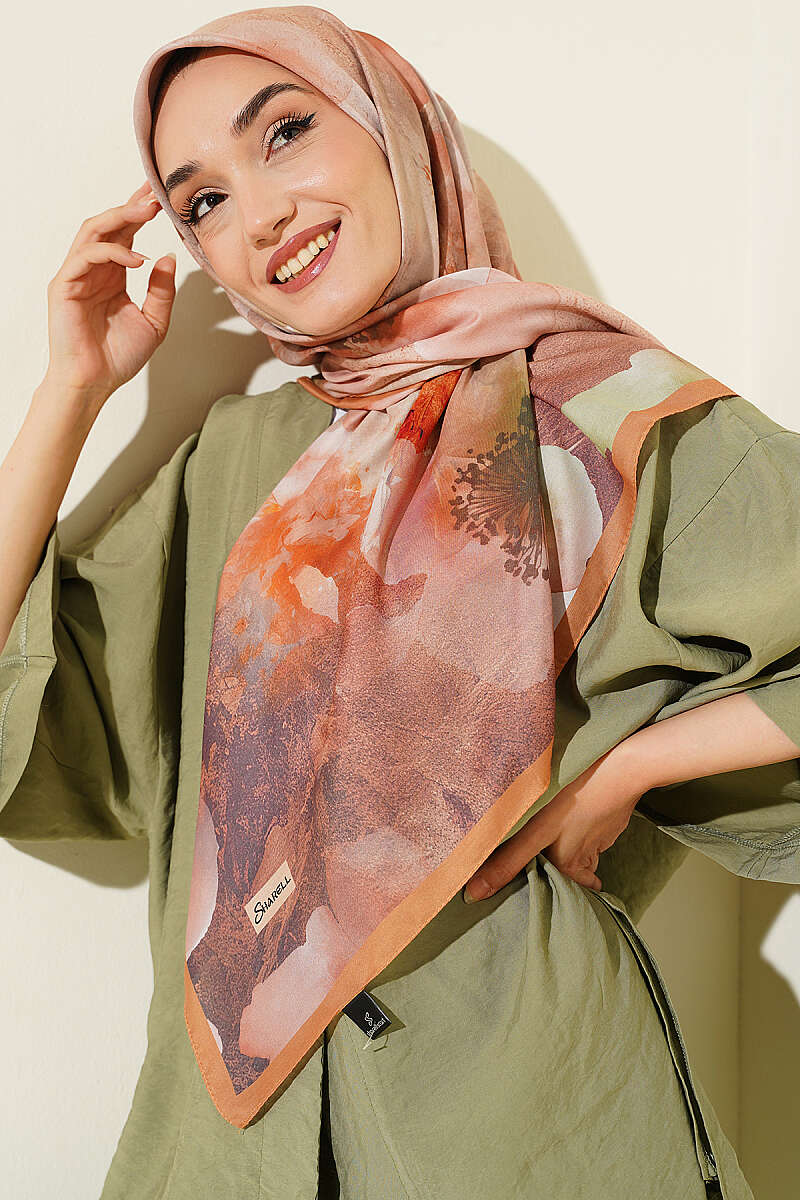Flower Print Scarf, 120 cm - Camel