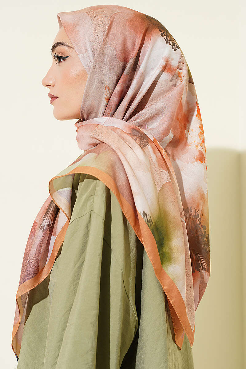 Flower Print Scarf, 120 cm - Camel