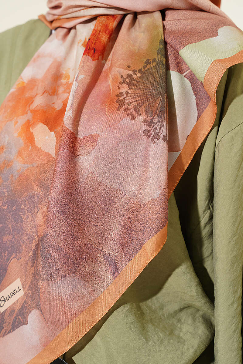 Flower Print Scarf, 120 cm - Camel