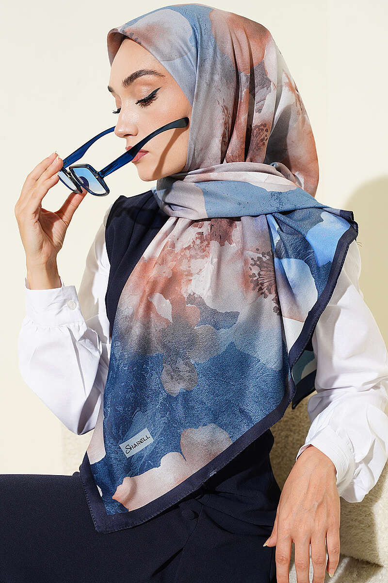 Flower Print Scarf, 120 cm - Navy