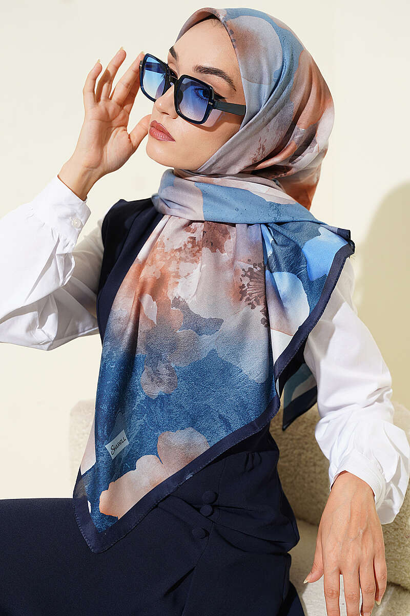 Flower Print Scarf, 120 cm - Navy
