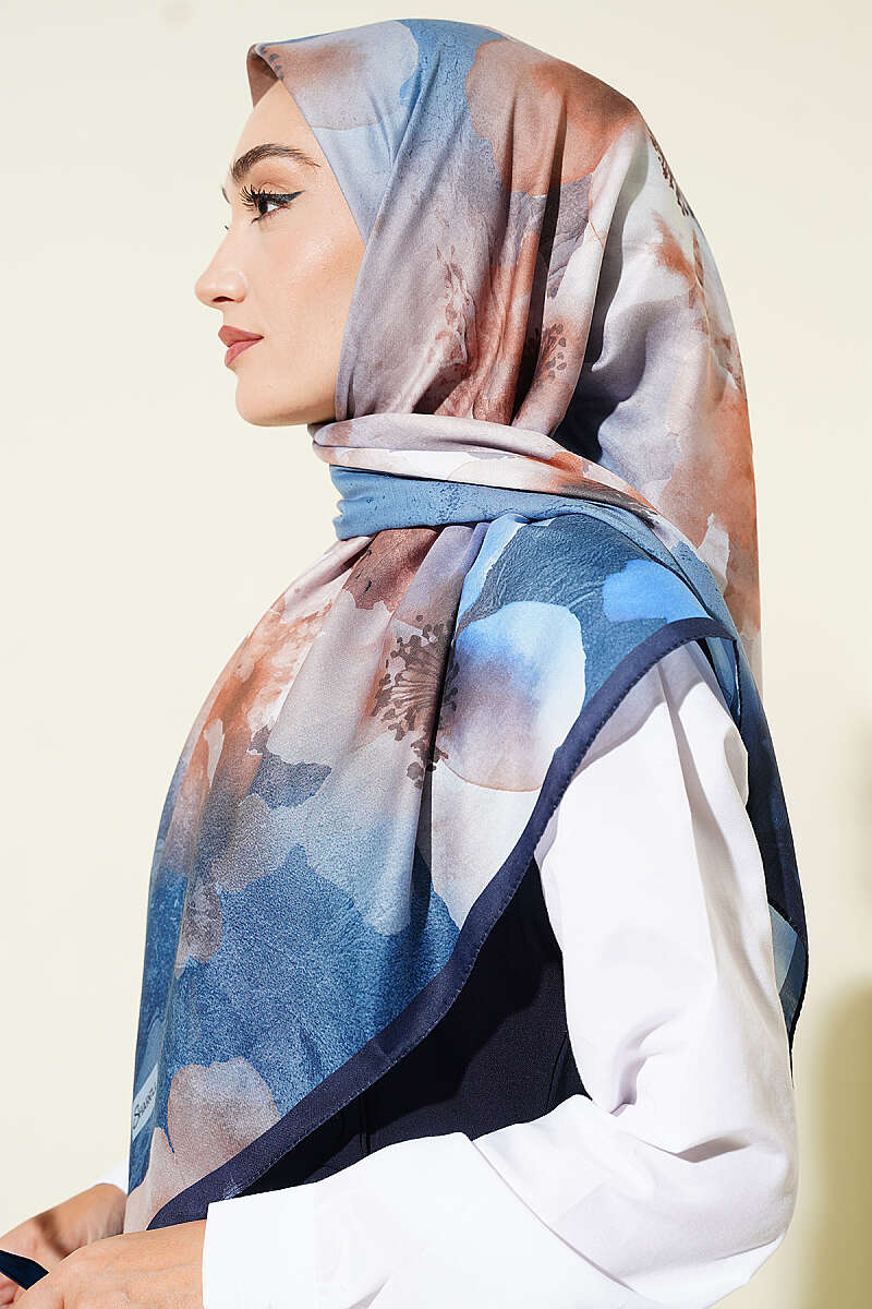 Flower Print Scarf, 120 cm - Navy