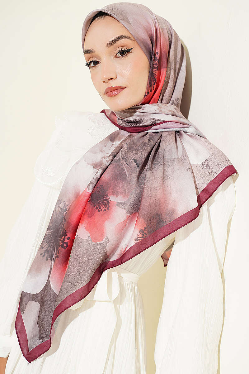Flower Print Scarf, 120 cm - Plum