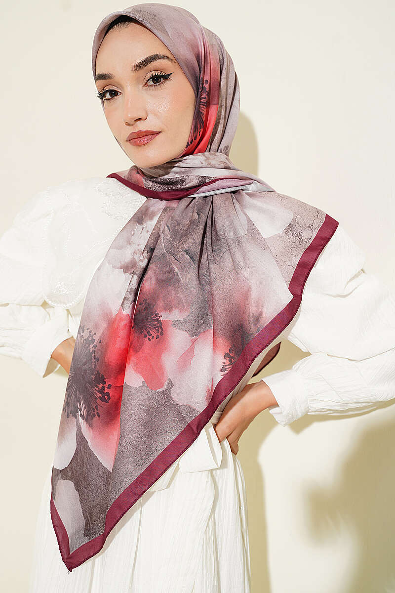 Flower Print Scarf, 120 cm - Plum