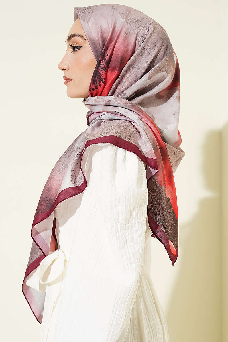 Flower Print Scarf, 120 cm - Plum