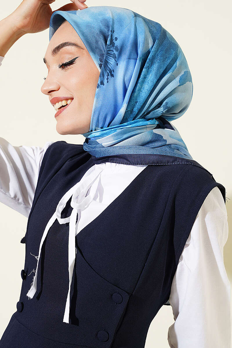 Flower Print Scarf, 120 cm - Saxe Blue