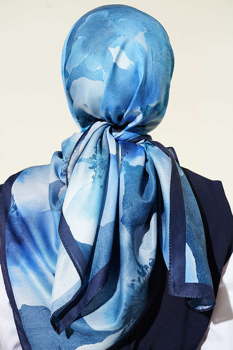 Flower Print Scarf, 120 cm - Saxe Blue