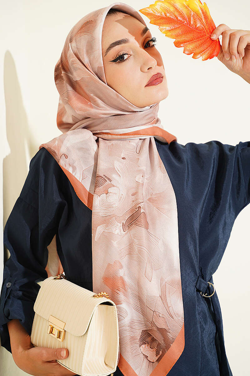 Pastel Flora Scarf, 120 cm - Camel