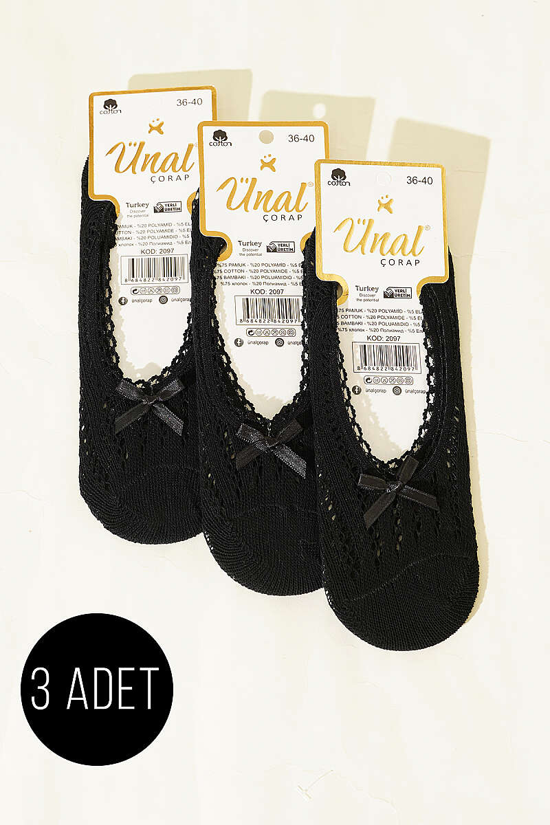 3-Pack Mesh No-Show Socks with Bow - Black