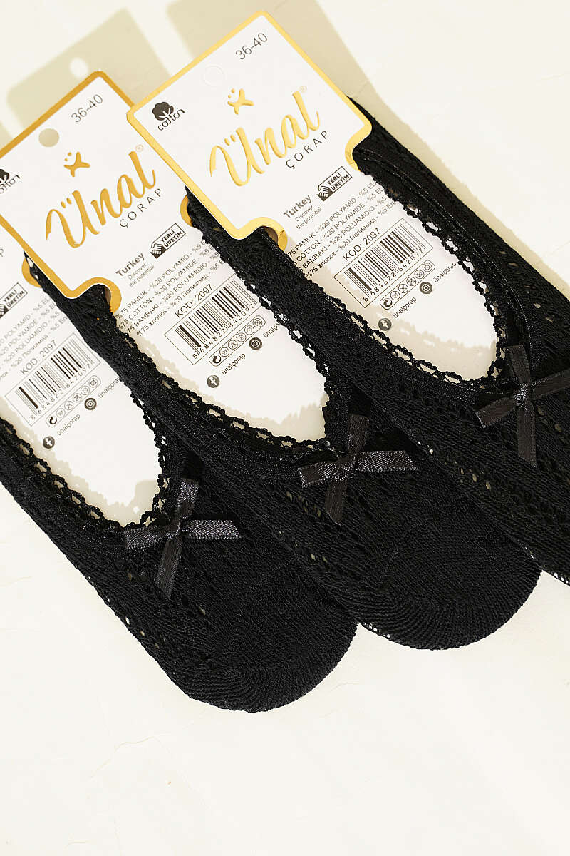 3-Pack Mesh No-Show Socks with Bow - Black