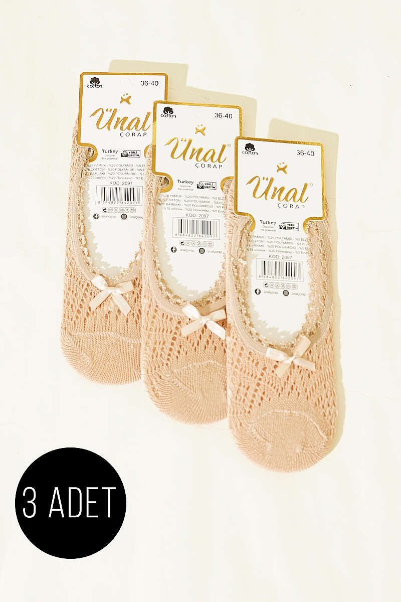 3-Pack Mesh No-Show Socks with Bow - Nude