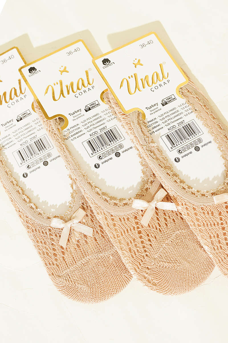 3-Pack Mesh No-Show Socks with Bow - Nude