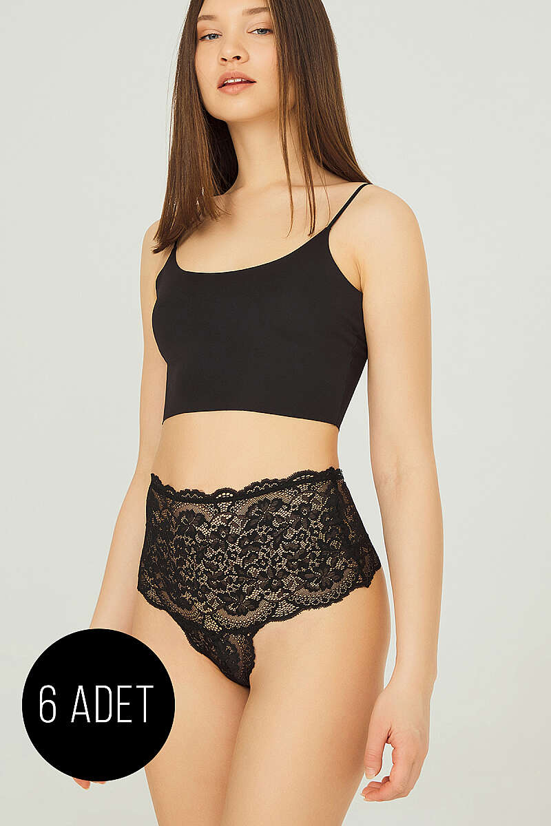 6-Pack Lace Briefs with Criss-Cross Waist Straps - Black