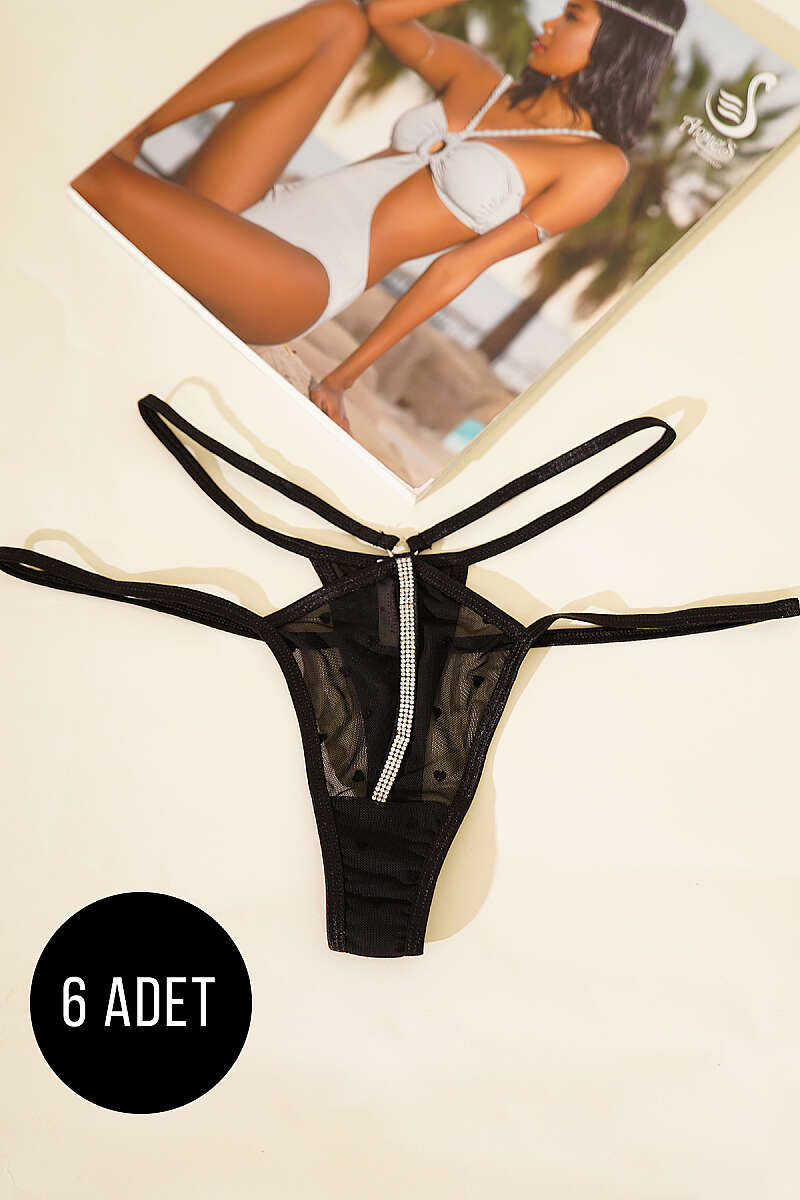 6-Pack Heart Stone-Trim Thongs - Black