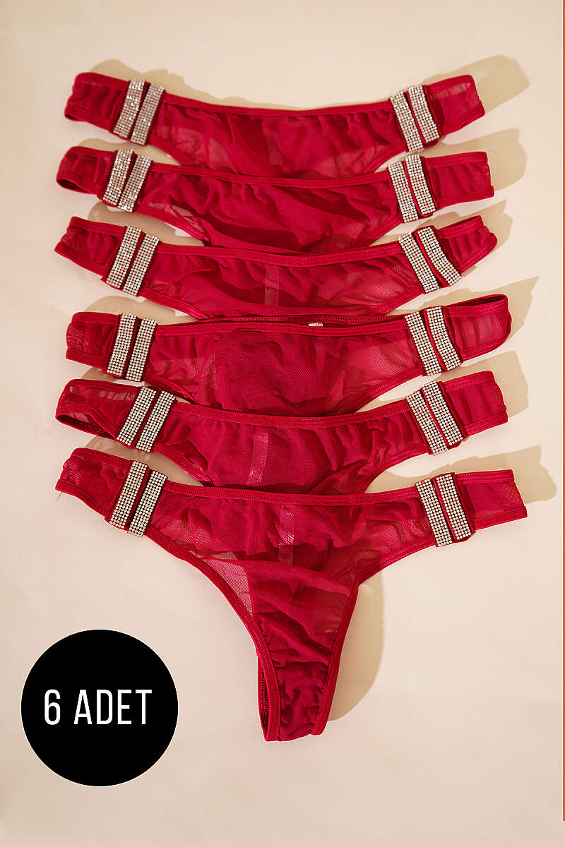6-Pack Stone-Trim Thongs with Hidden Hook - Cherry