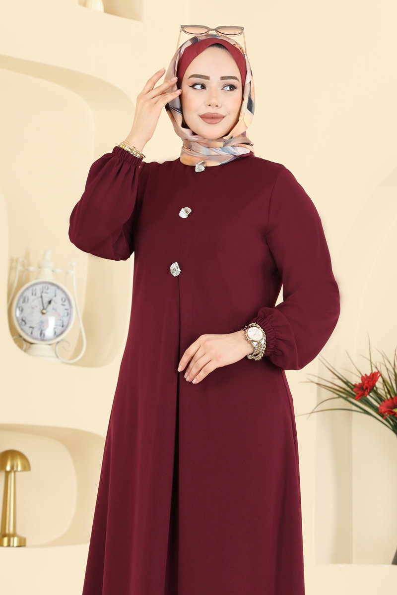 A-Line Pleated Knit Dress - Burgundy