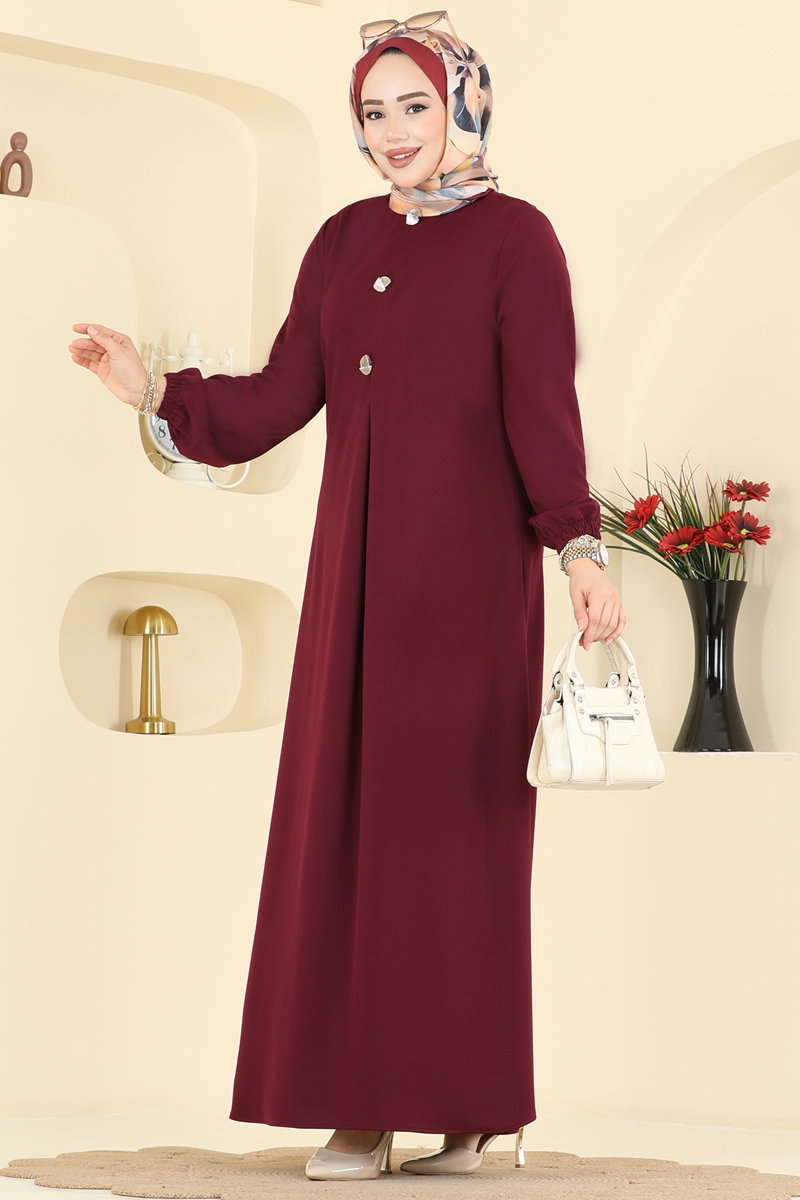 A-Line Pleated Knit Dress - Burgundy