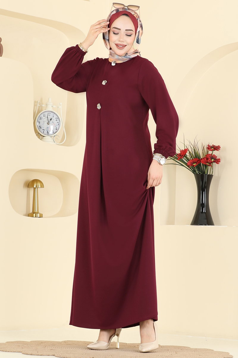 A-Line Pleated Knit Dress - Burgundy