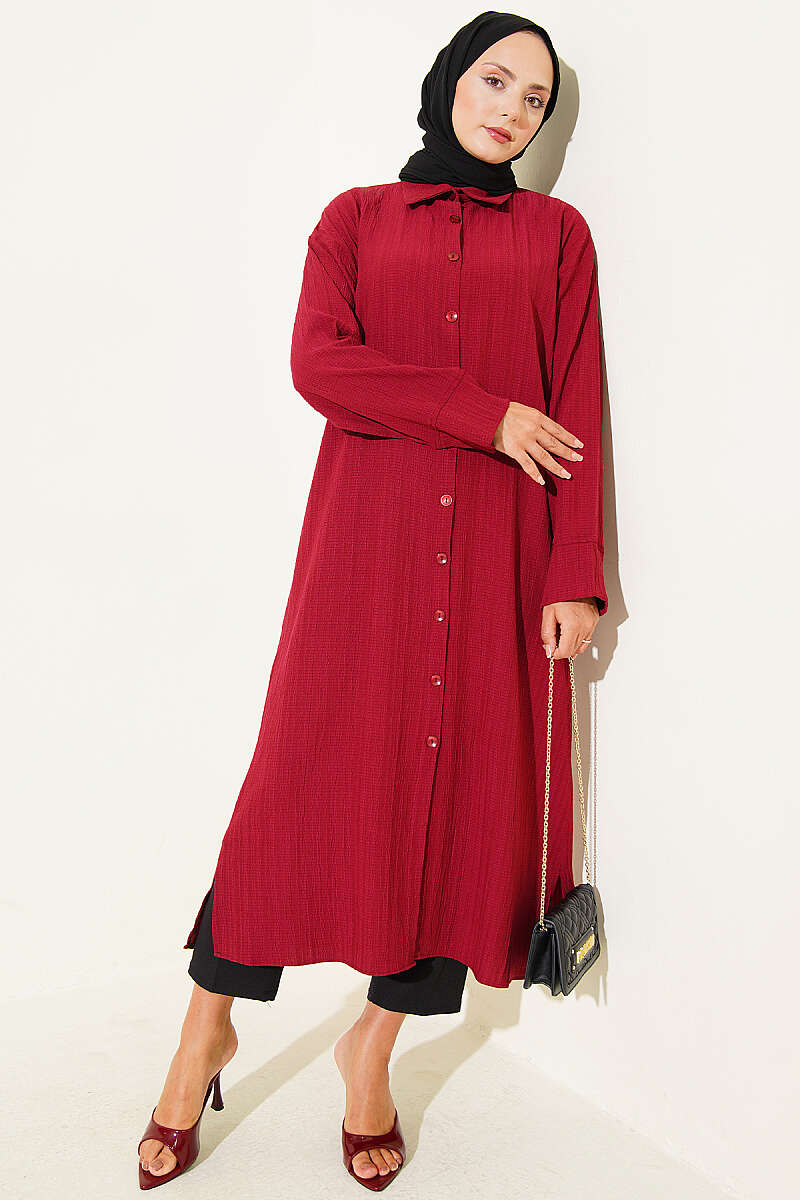 Long Crinkle Shirt with Slit Detail - Burgundy