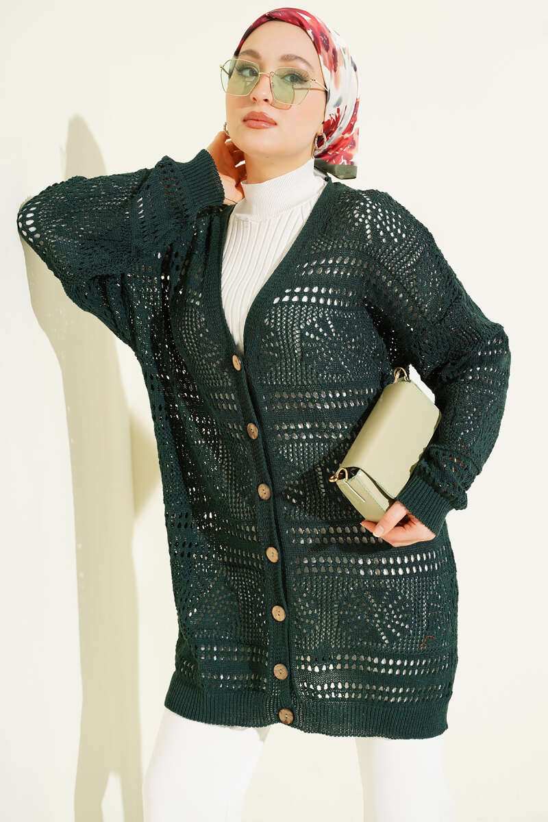 Pointelle Knit Cardigan with Wooden Buttons - Emerald