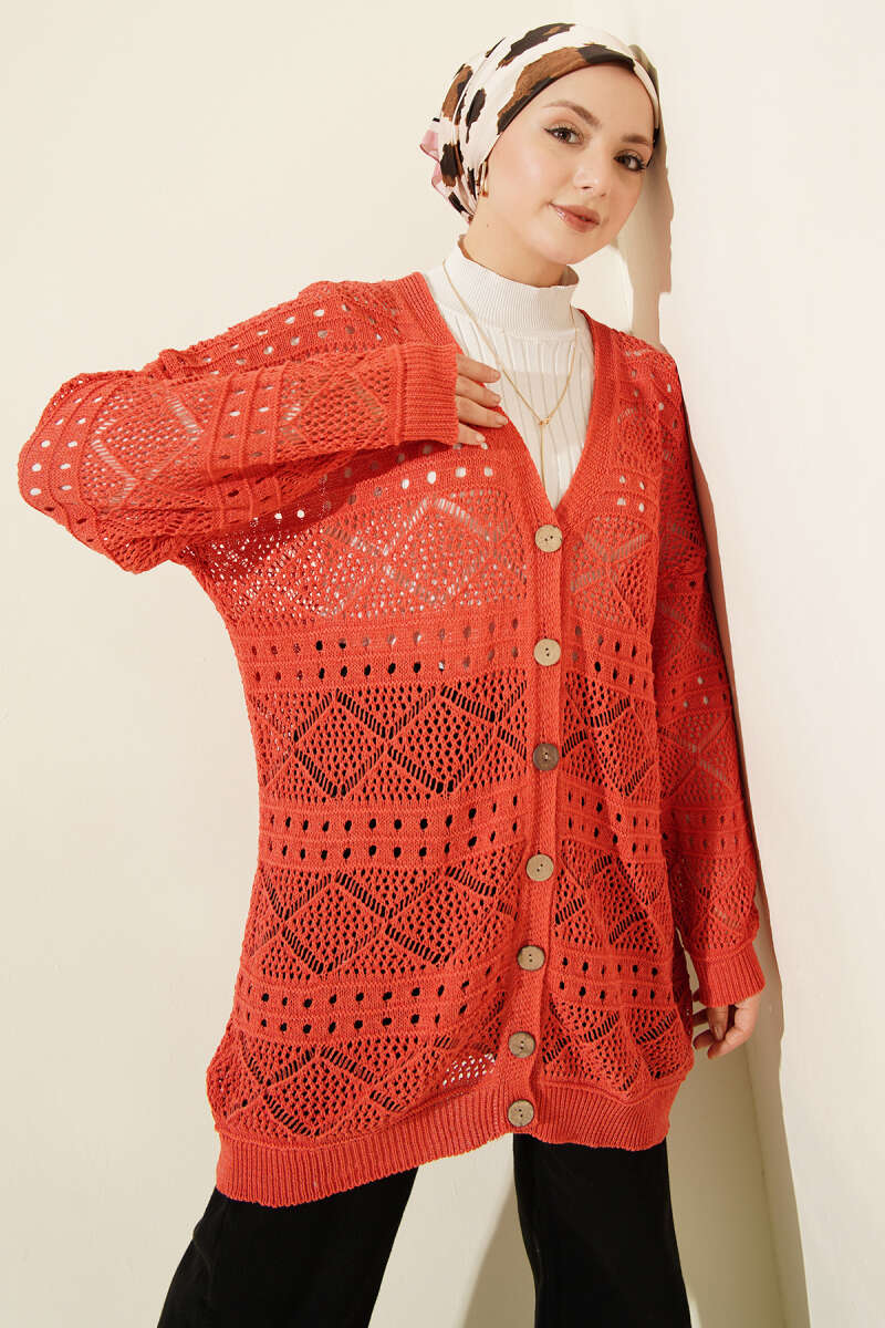 Mid-Length Pointelle Knit Cardigan with Wooden Buttons - Coral