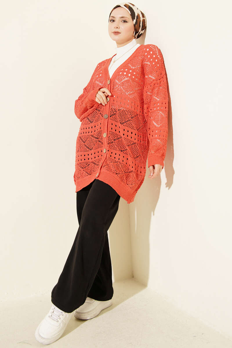 Mid-Length Pointelle Knit Cardigan with Wooden Buttons - Coral