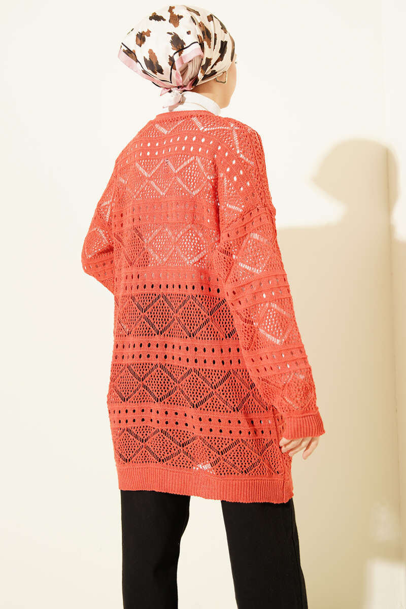 Mid-Length Pointelle Knit Cardigan with Wooden Buttons - Coral