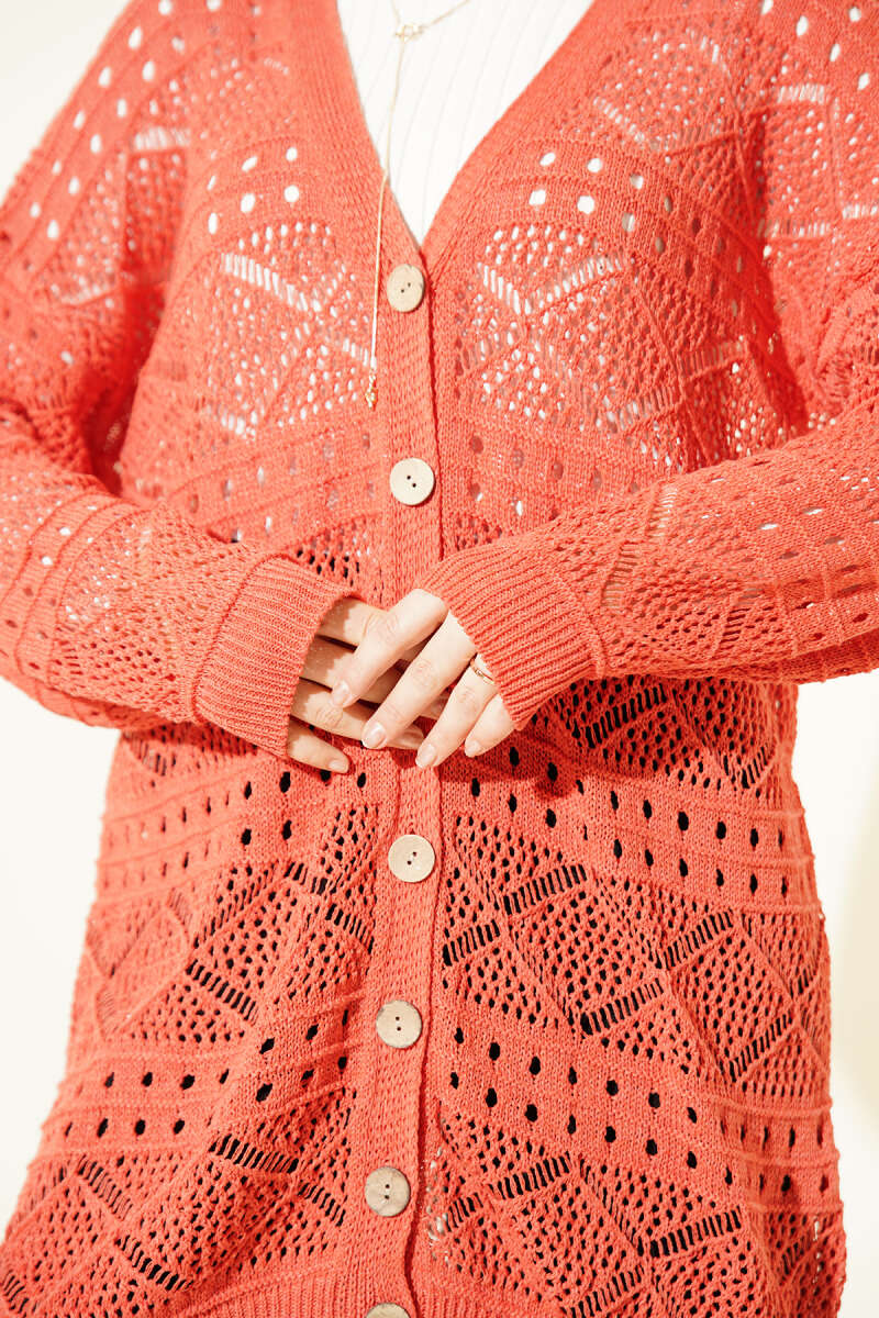 Mid-Length Pointelle Knit Cardigan with Wooden Buttons - Coral