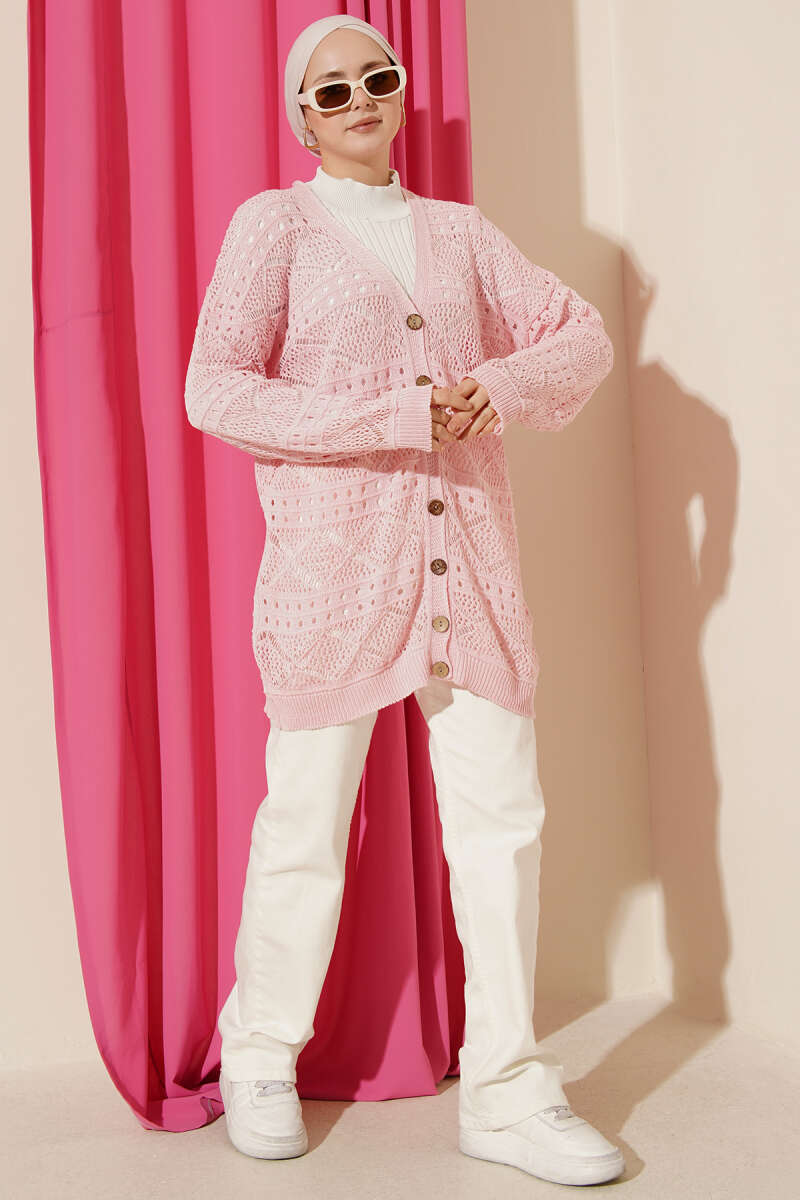 Mid-Length Pointelle Knit Cardigan with Wooden Buttons - Pink