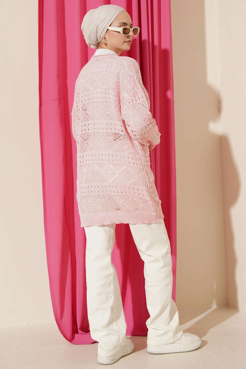 Mid-Length Pointelle Knit Cardigan with Wooden Buttons - Pink