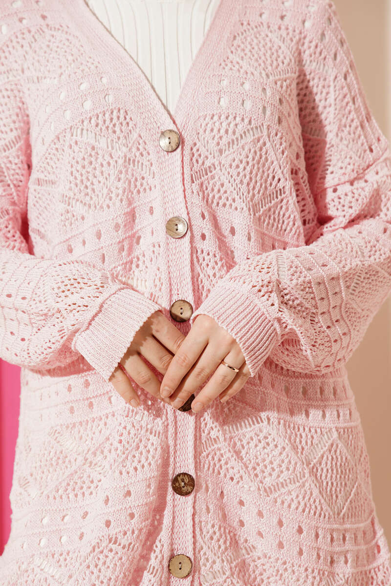 Mid-Length Pointelle Knit Cardigan with Wooden Buttons - Pink