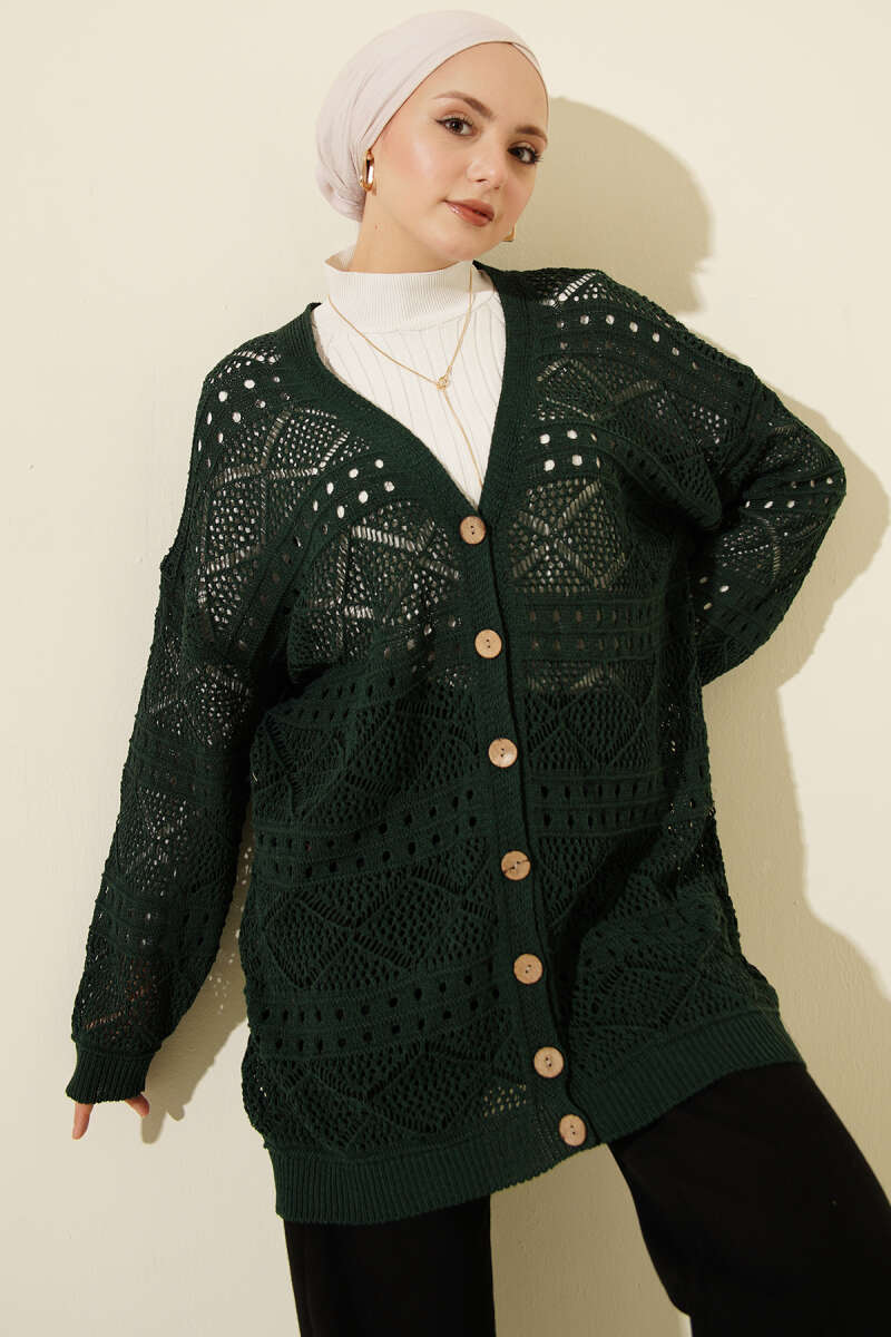 Mid-Length Pointelle Knit Cardigan with Wooden Buttons - Emerald