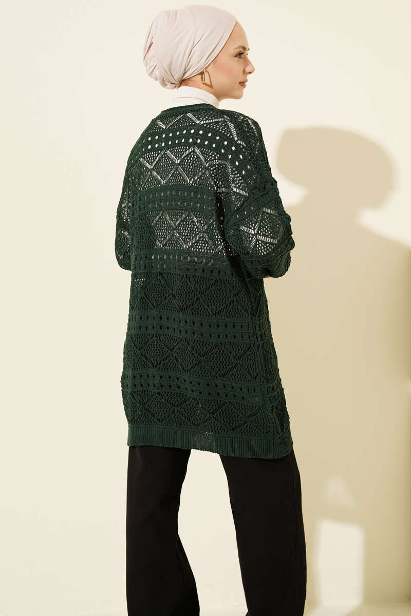 Mid-Length Pointelle Knit Cardigan with Wooden Buttons - Emerald