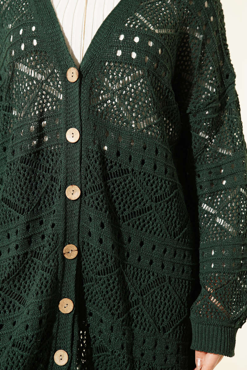 Mid-Length Pointelle Knit Cardigan with Wooden Buttons - Emerald