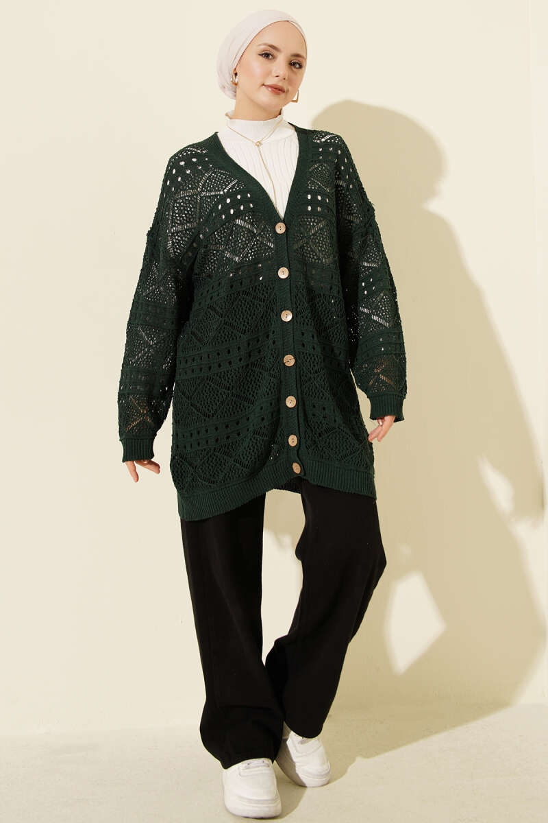 Mid-Length Pointelle Knit Cardigan with Wooden Buttons - Emerald