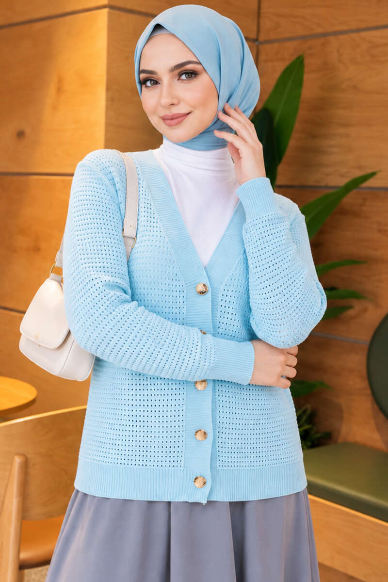 Pointelle V-Neck Knit Cardigan - Light Blue