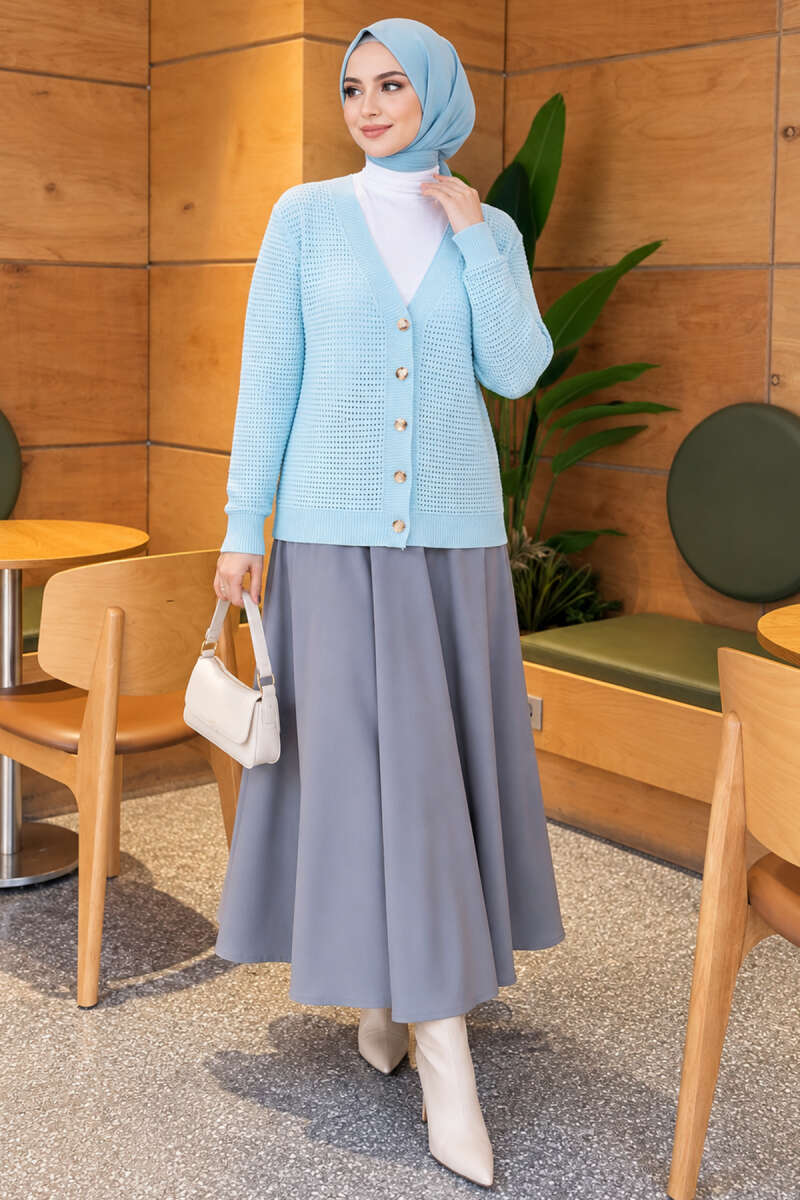 Pointelle V-Neck Knit Cardigan - Light Blue
