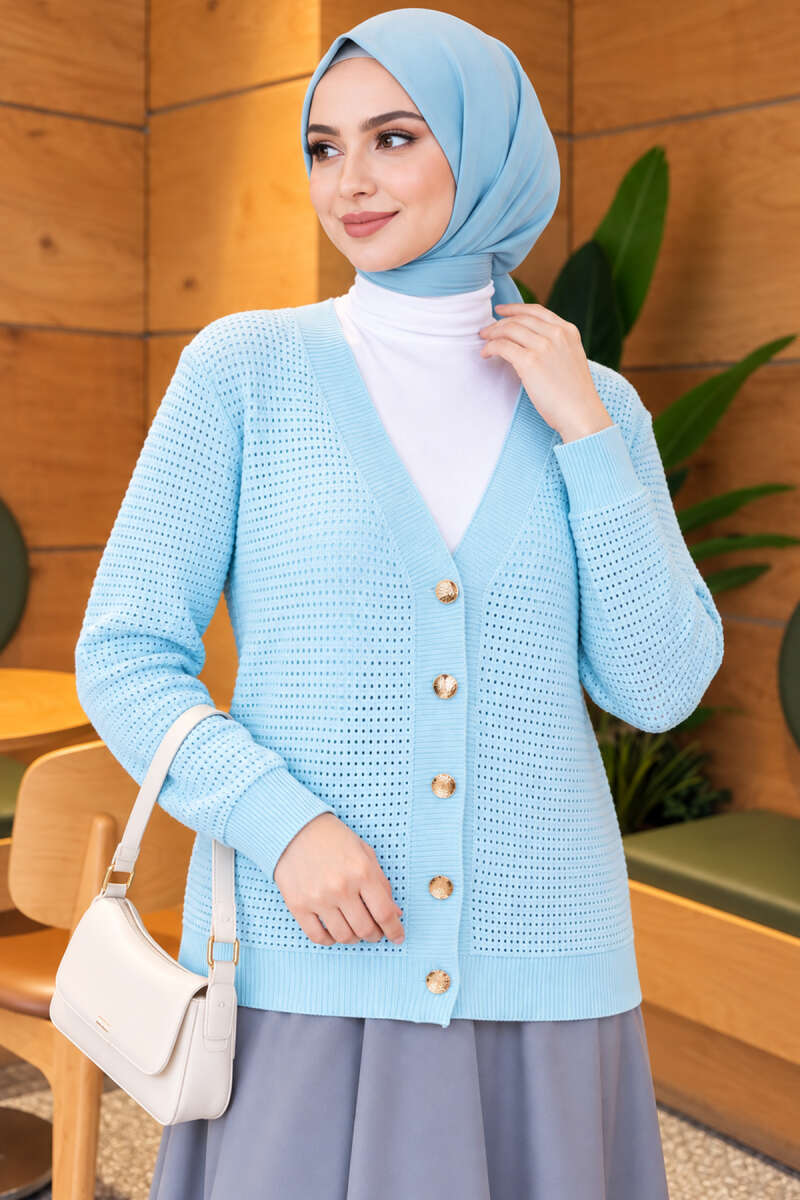 Pointelle V-Neck Knit Cardigan - Light Blue