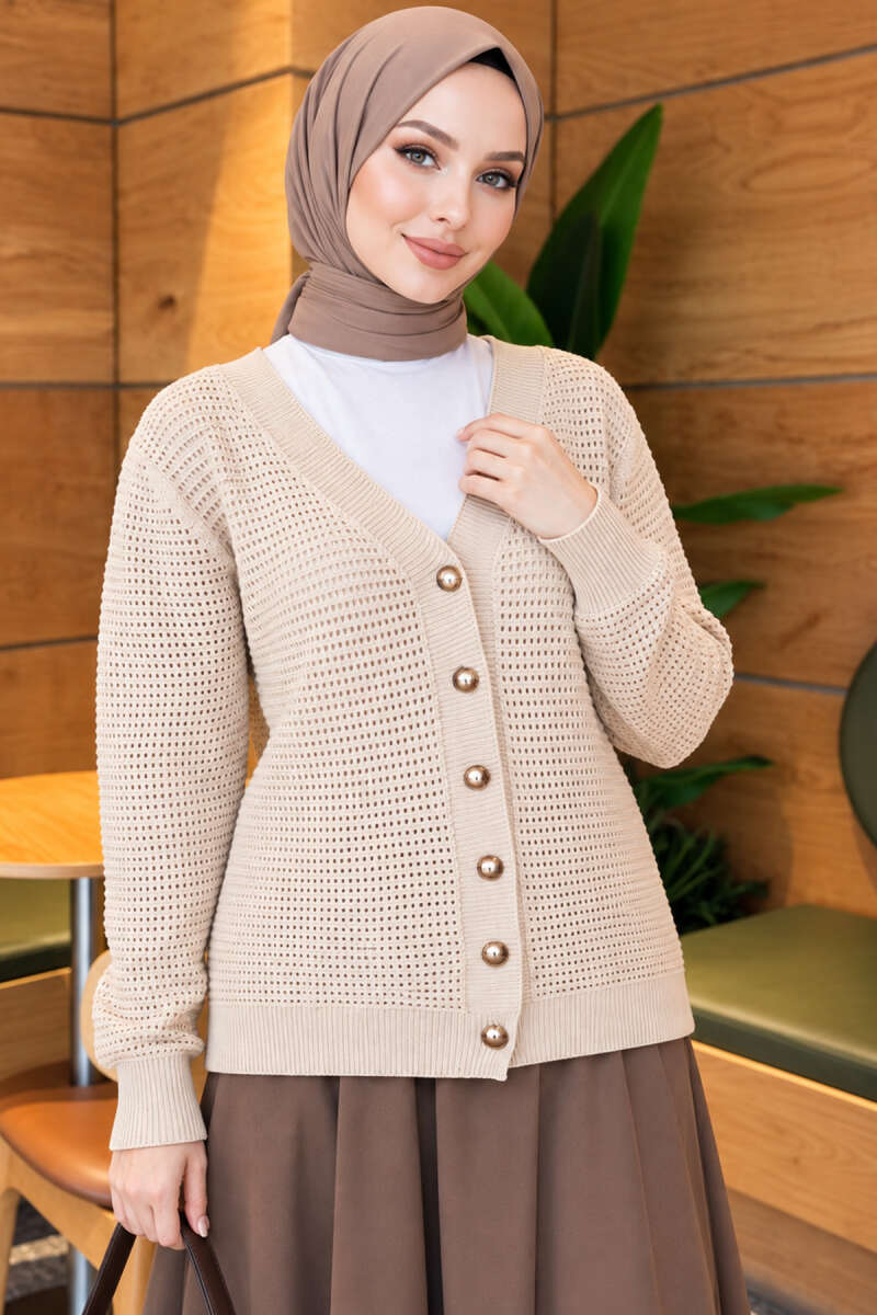 Pointelle V-Neck Knit Cardigan - Beige