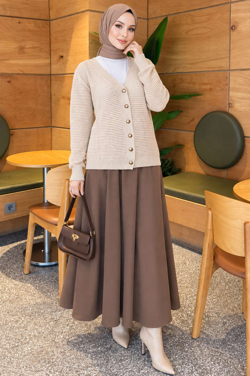 Pointelle V-Neck Knit Cardigan - Beige