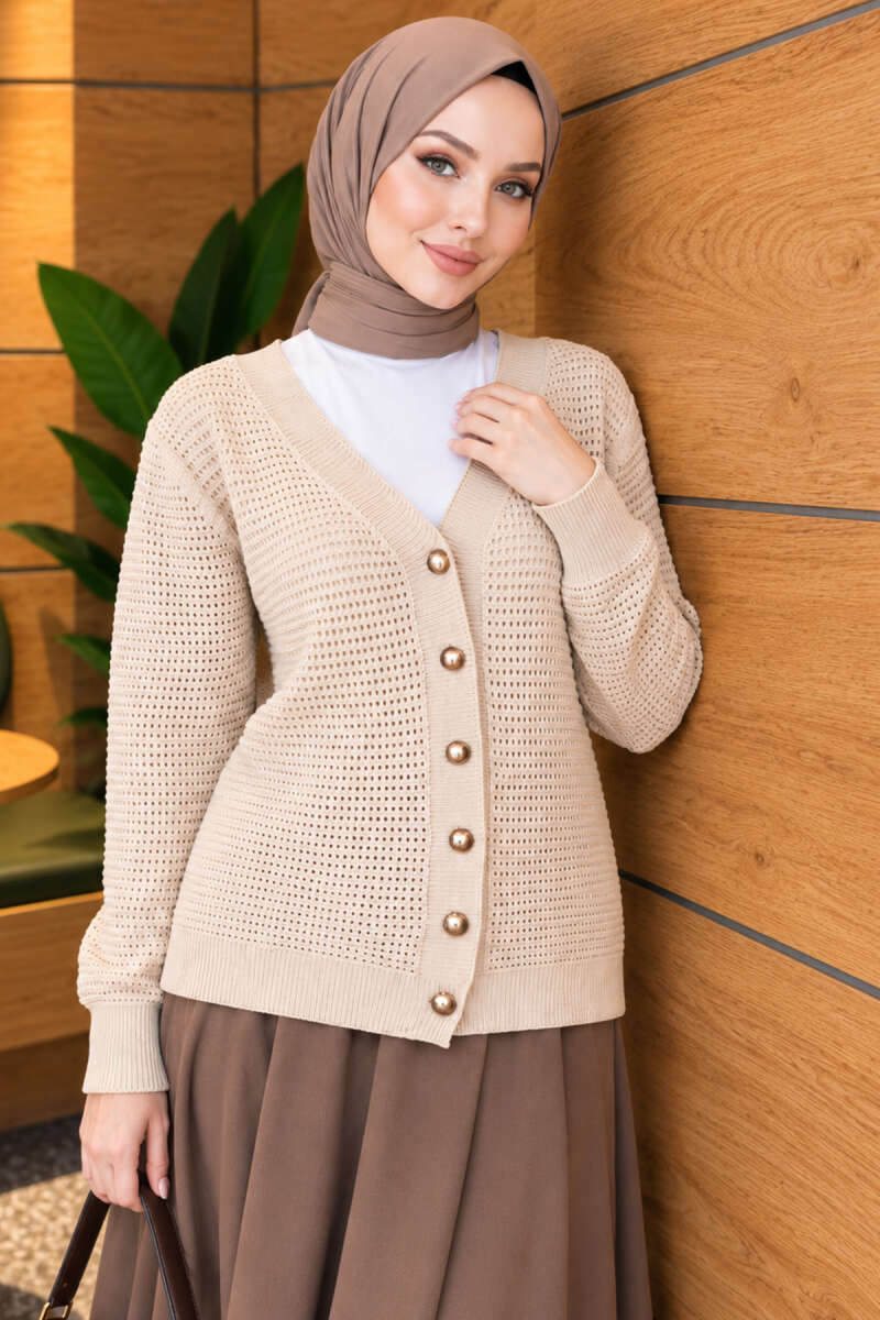 Pointelle V-Neck Knit Cardigan - Beige