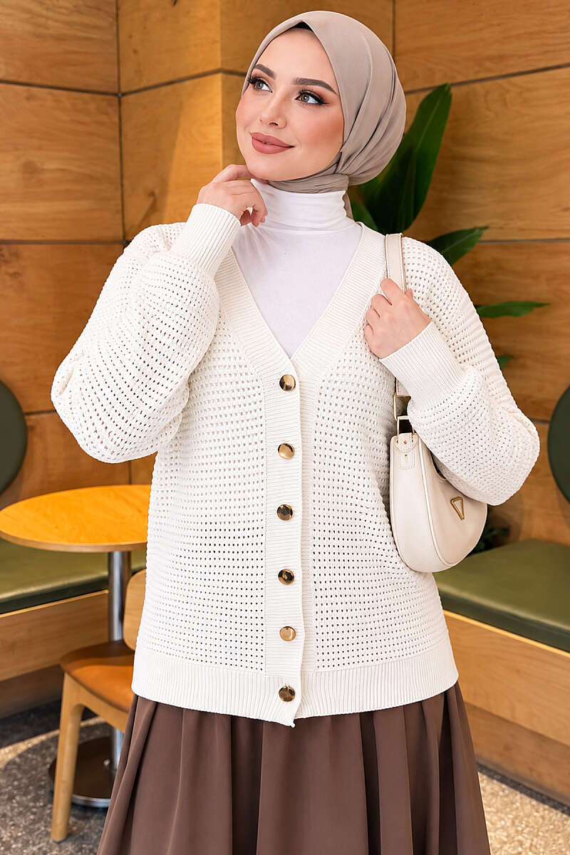 Pointelle V-Neck Knit Cardigan - White