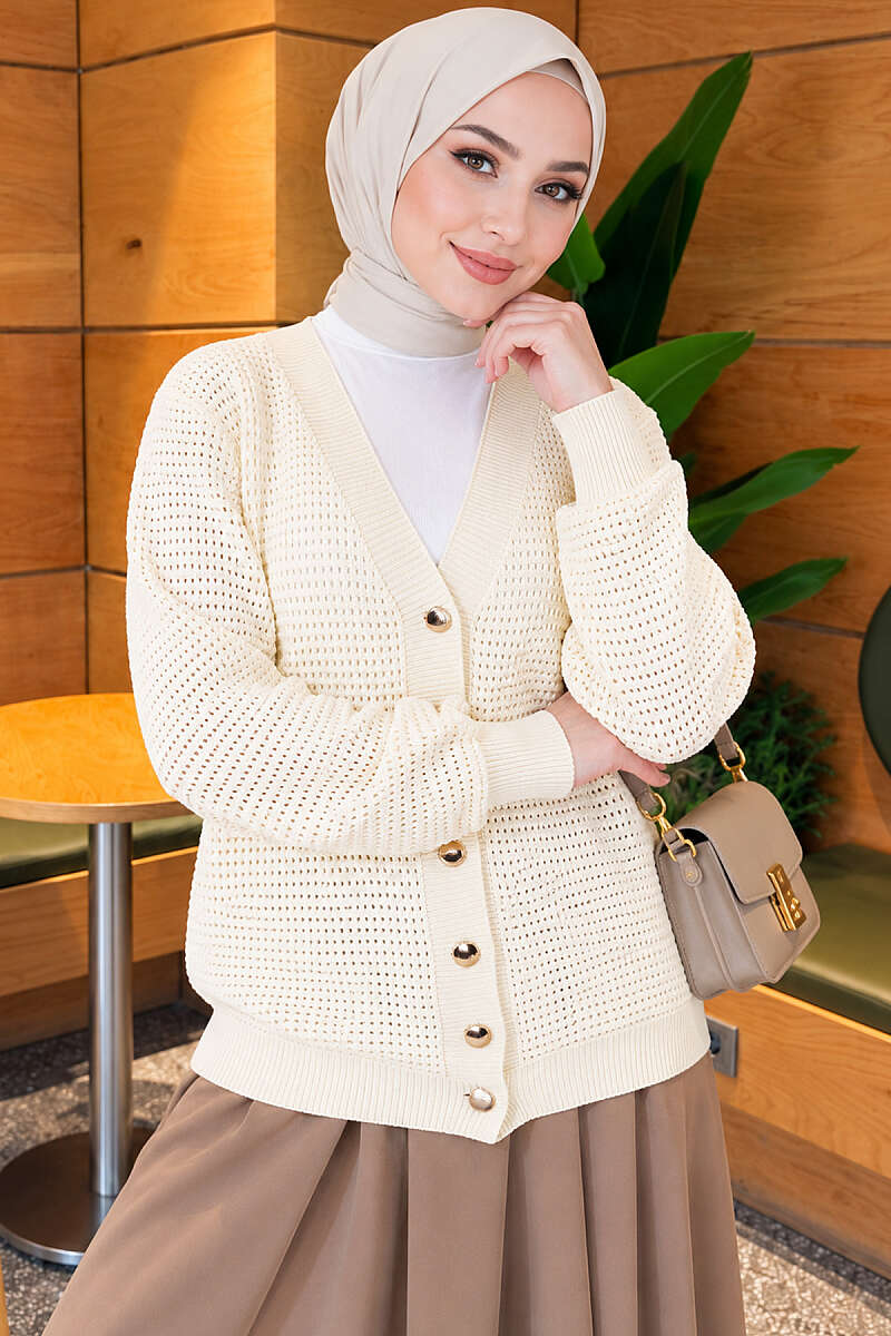 Pointelle V-Neck Knit Cardigan - Ecru