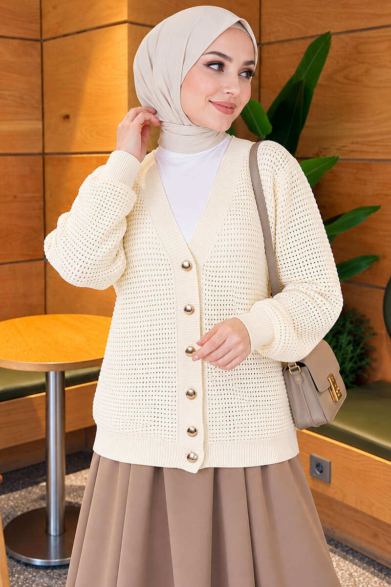 Pointelle V-Neck Knit Cardigan - Ecru