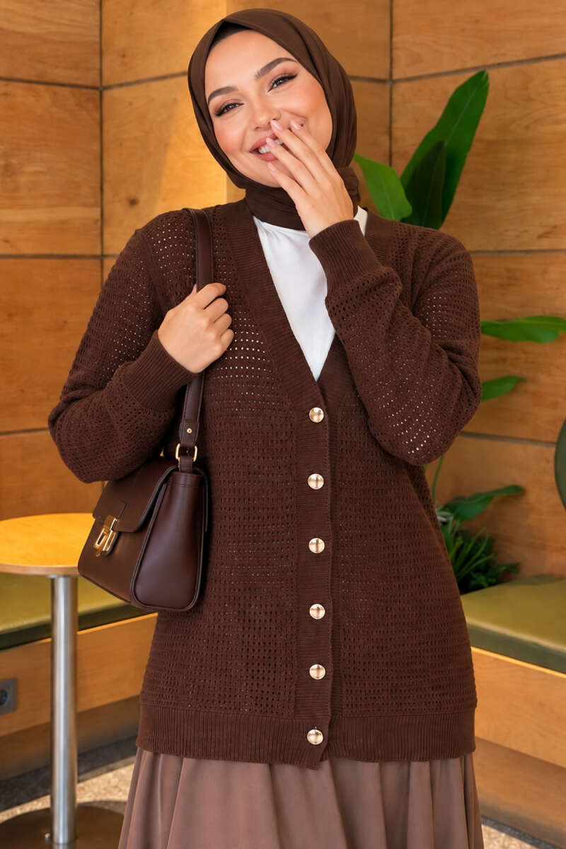 Pointelle V-Neck Knit Cardigan - Brown
