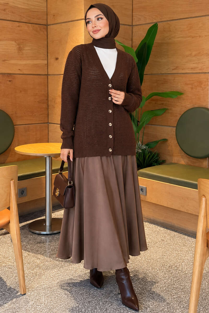 Pointelle V-Neck Knit Cardigan - Brown