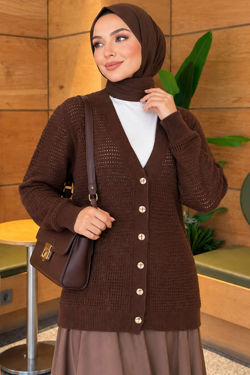 Pointelle V-Neck Knit Cardigan - Brown