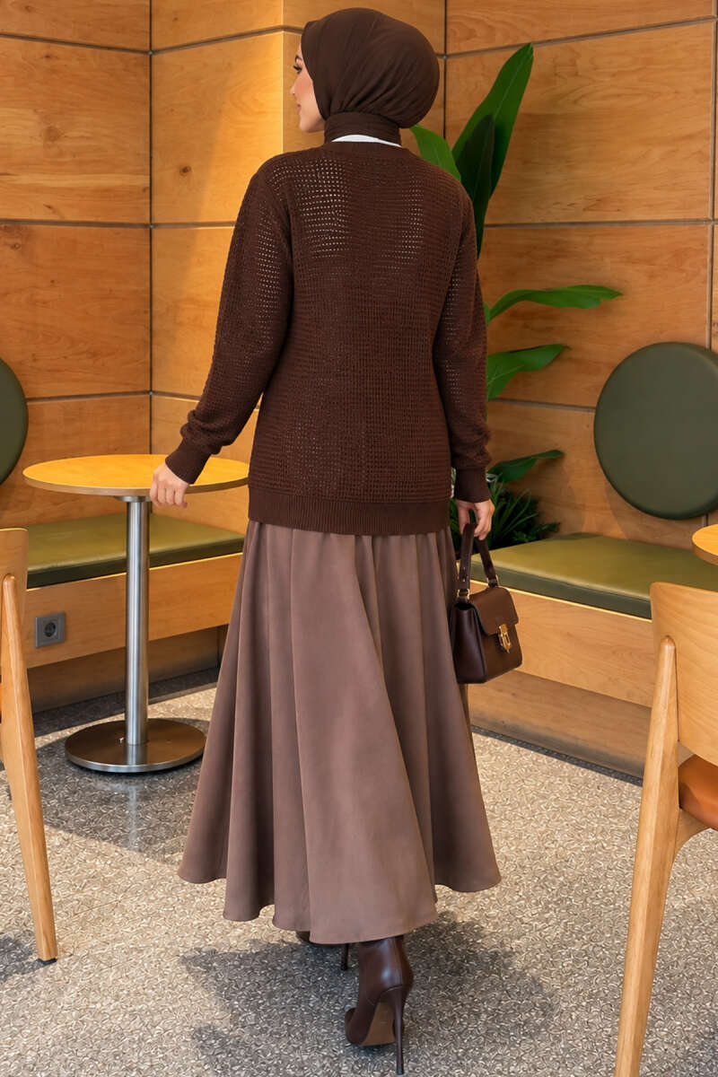 Pointelle V-Neck Knit Cardigan - Brown
